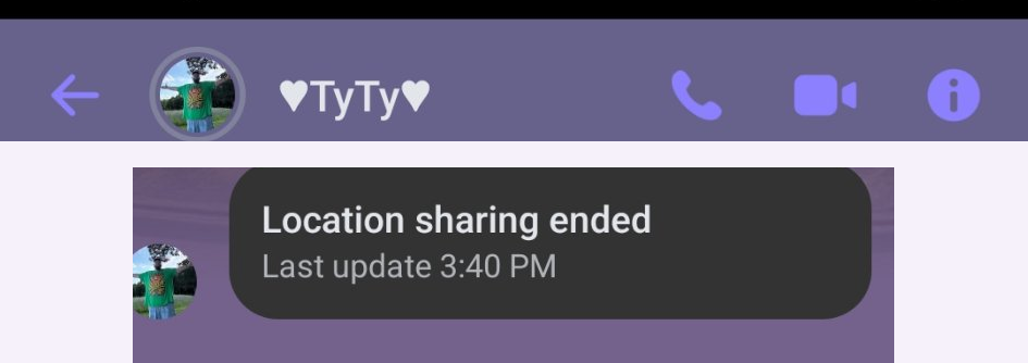 Messenger screen showing TyTy and that location sharing ended, last updated at 3:40 p.m.