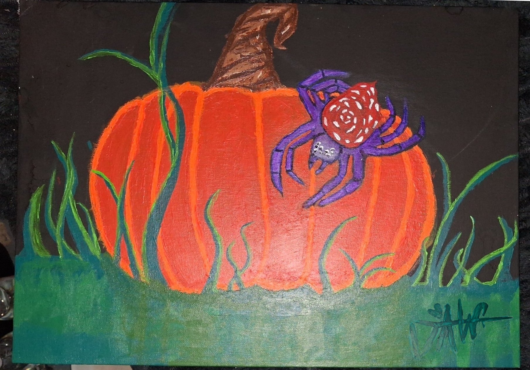 Halloween painting of a purple spider with a red rose on its back, sitting on an orange pumpkin against a black background