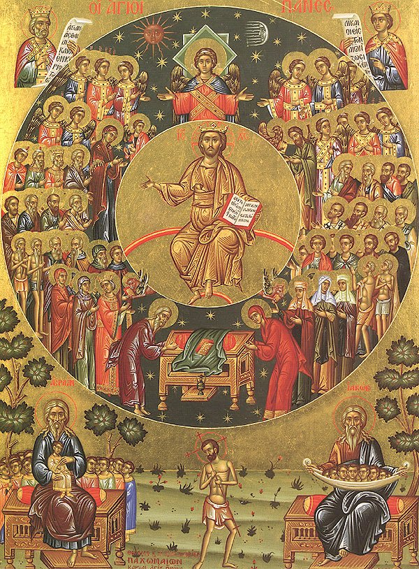 Traditional Orthodox icon of All Saints gathered around Christ