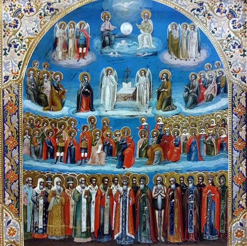 Ornate Orthodox icon depicting the Synaxis of All Saints in rows beneath heavenly figures
