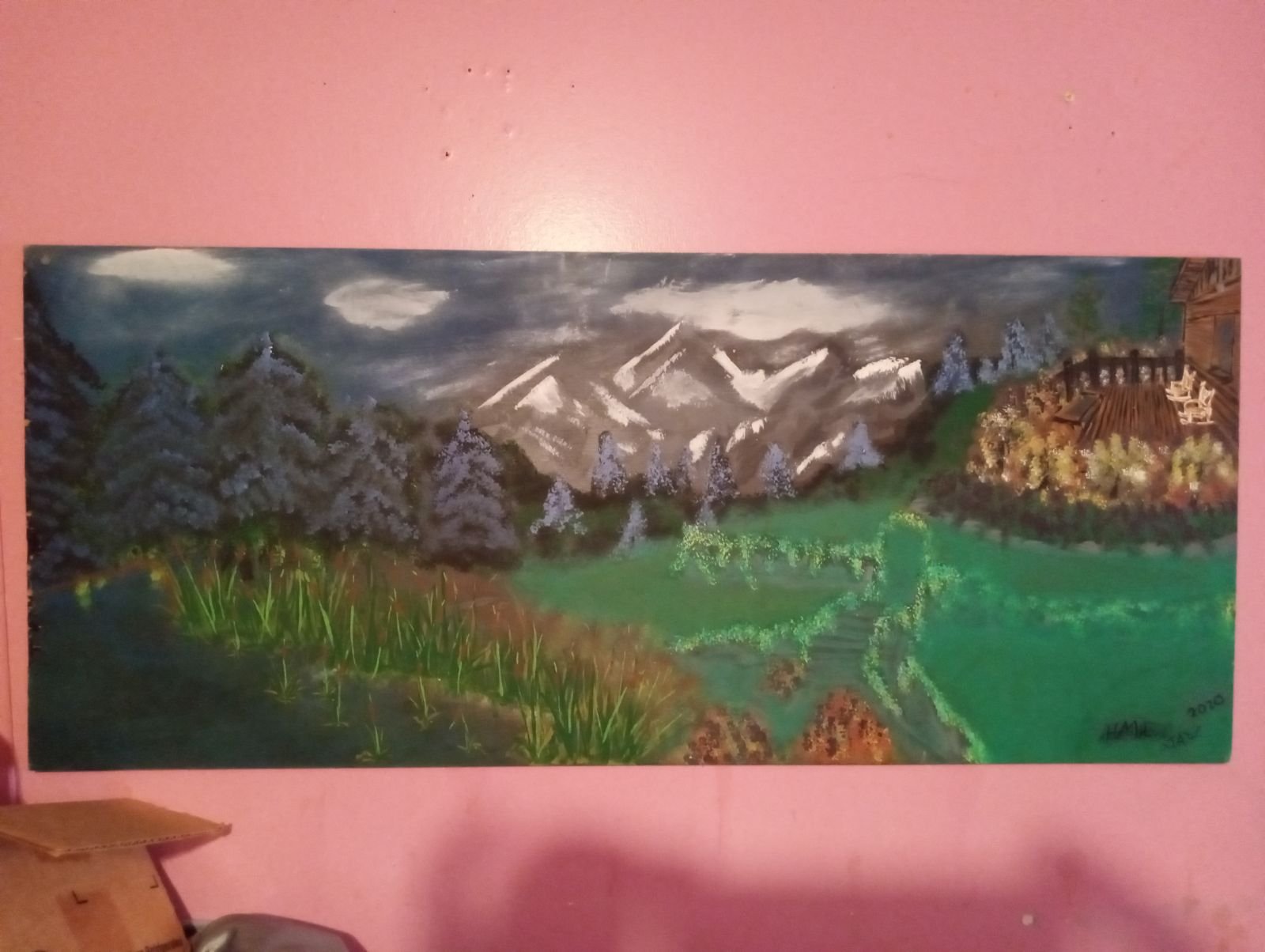 Original painting of snowy mountains, evergreen trees and a winding path through a green valley