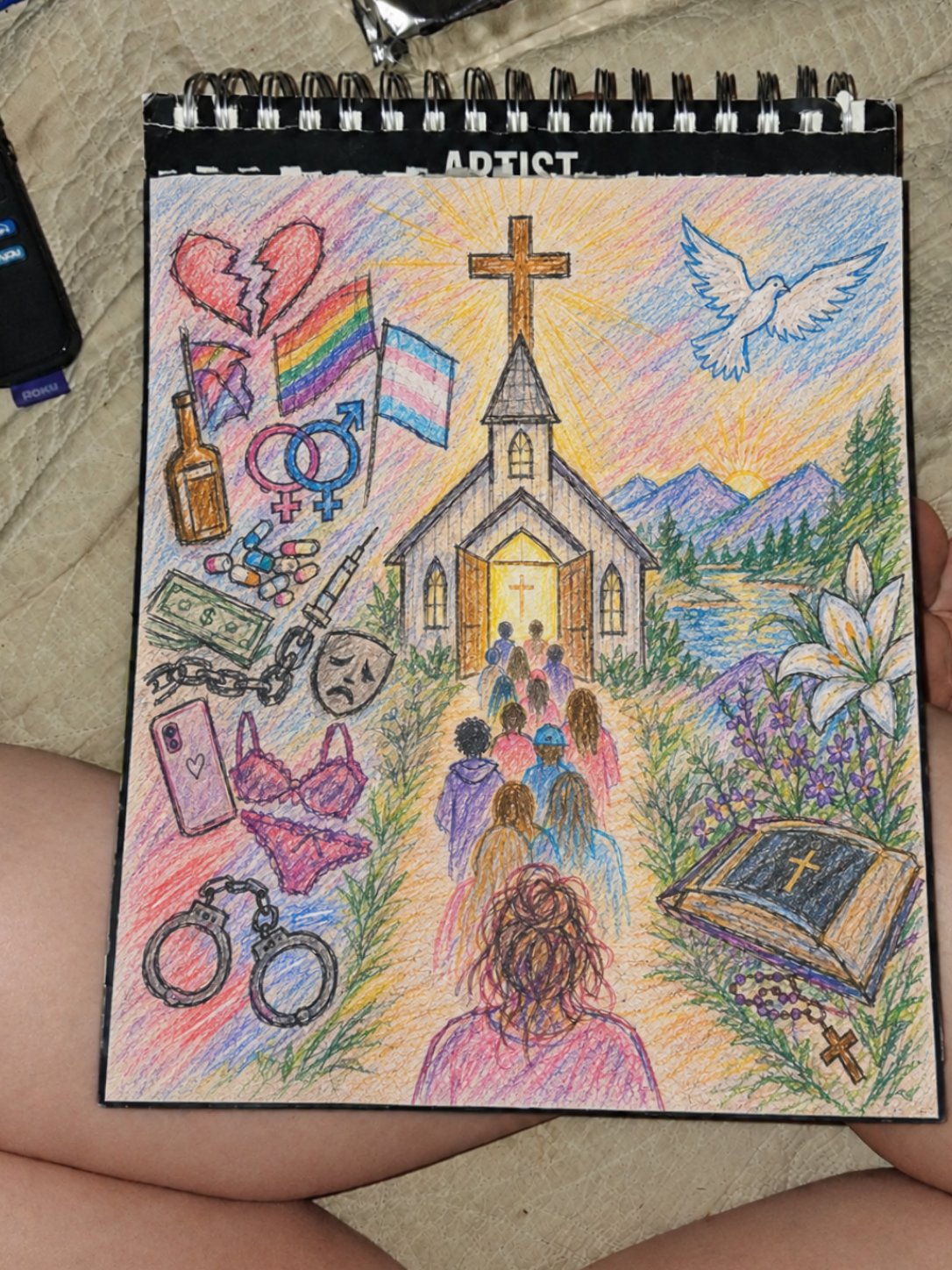 Detailed colored-pencil drawing of a church path surrounded by symbolic objects, flowers and a dove