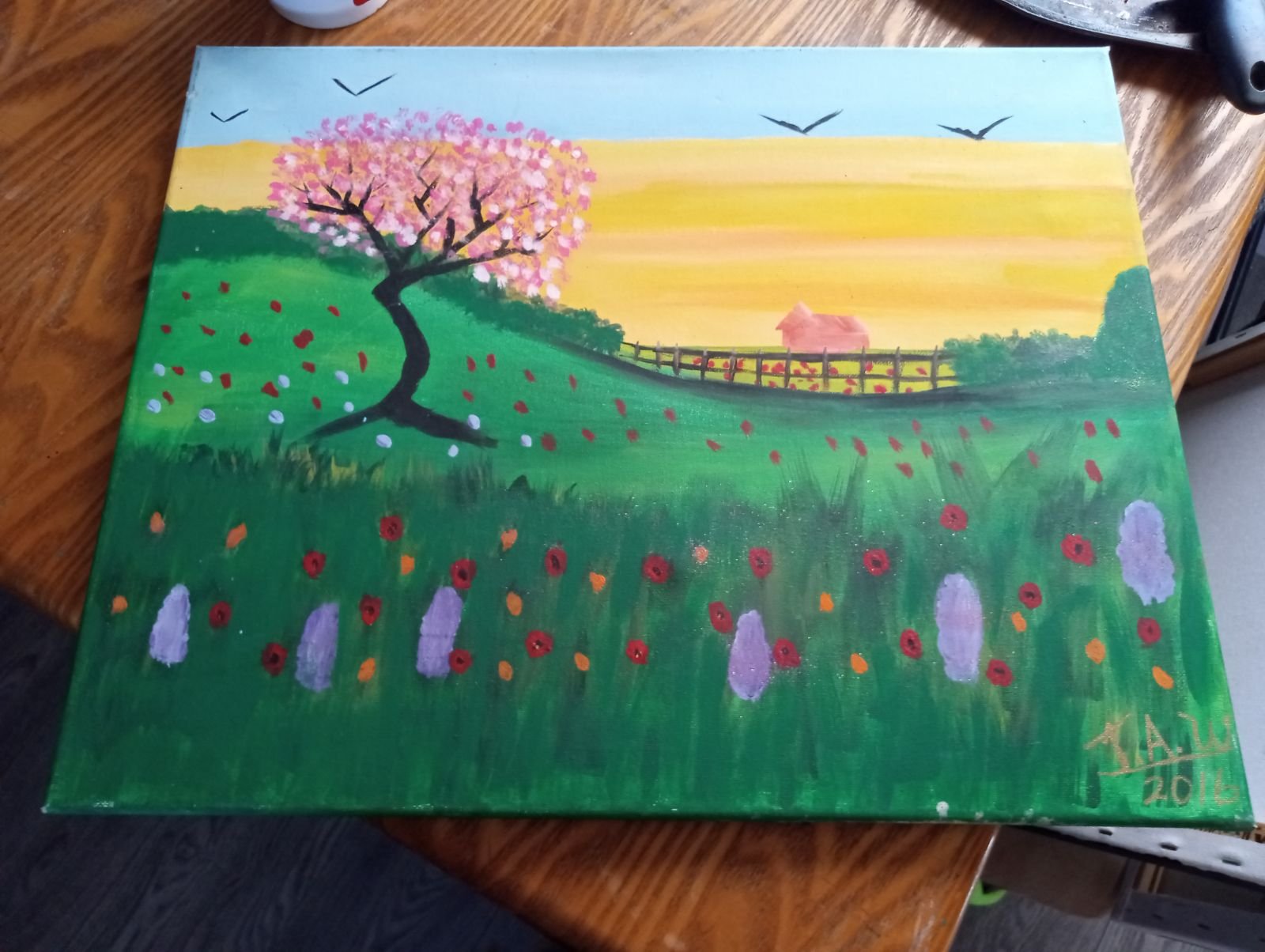 Original painting of a pink cherry blossom tree overlooking a sunny field of wildflowers