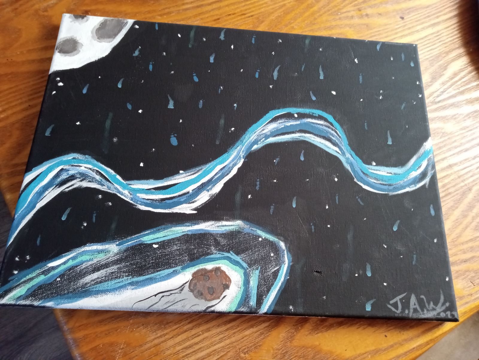 Abstract painting of luminous blue and white waves beneath a moonlit rainy night sky