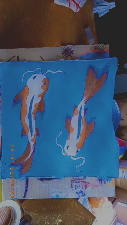 Original painting of two orange, white and blue koi fish swimming on a bright blue background