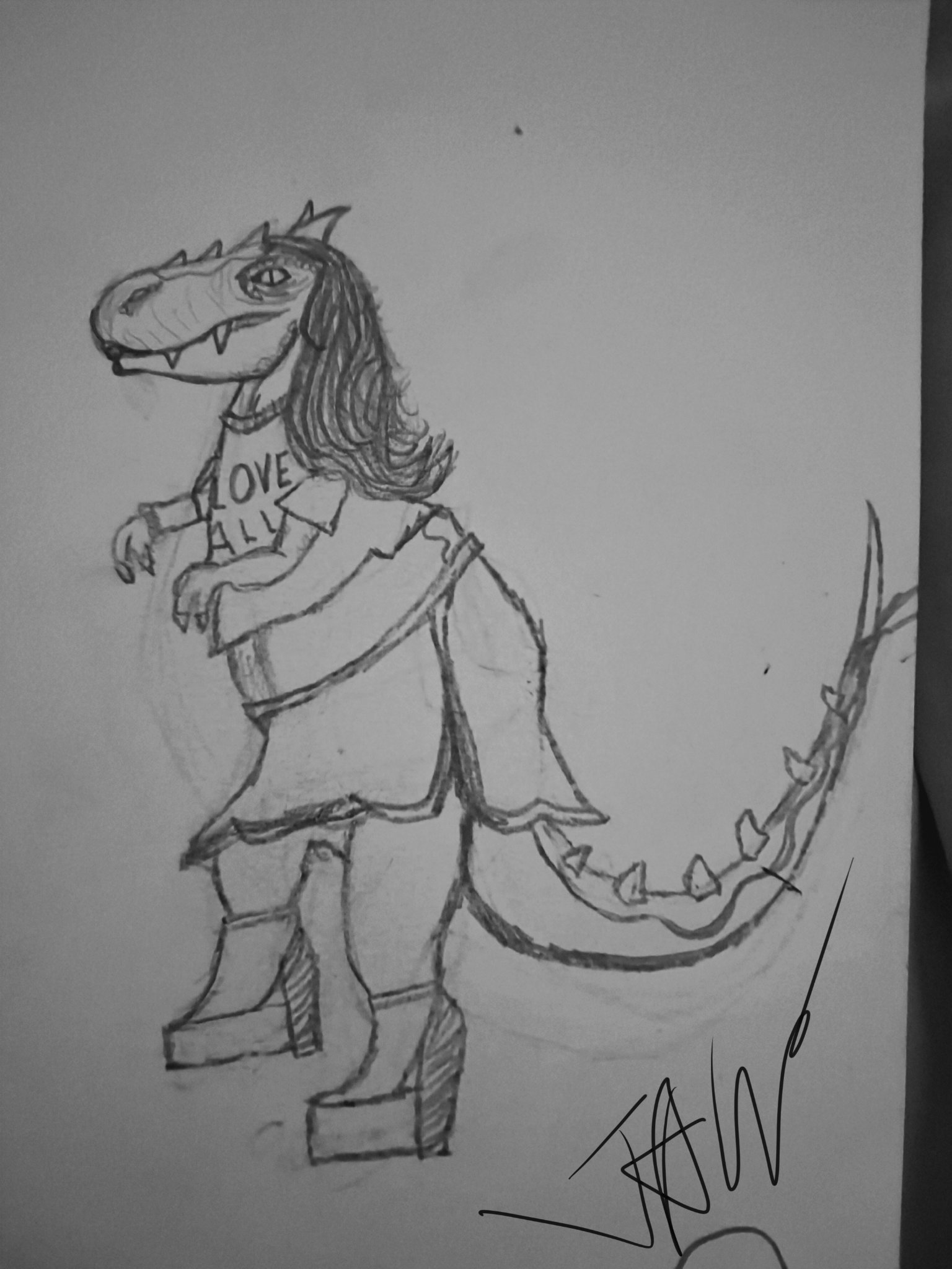 Pencil character sketch of an expressive dinosaur figure wearing a Love All shirt and boots