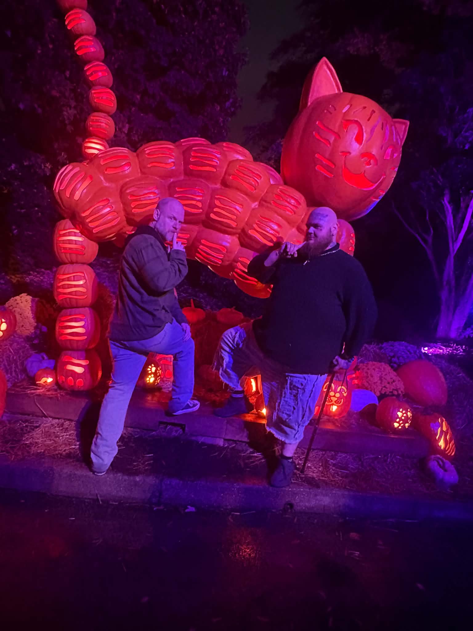 Two men posing with the giant glowing pumpkin cat