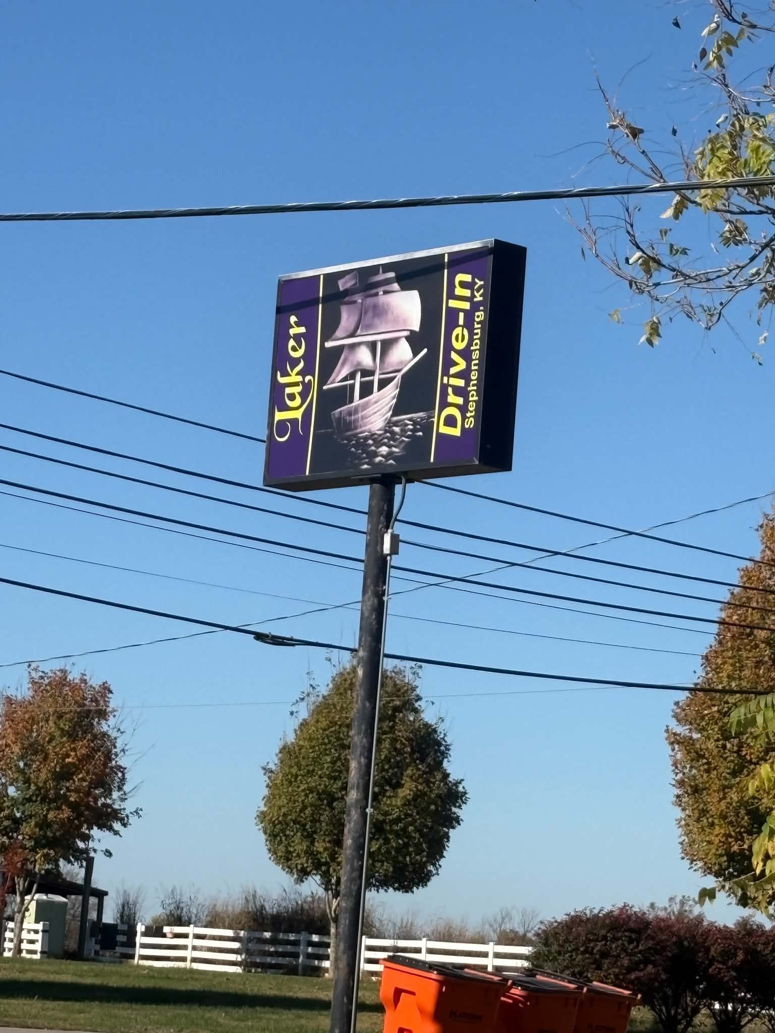 Laker Drive-In sign in Stephensburg, Kentucky, with a tall ship on it